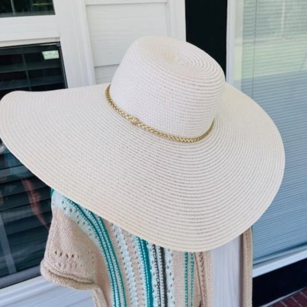 Floppy Straw Woven Hat Gold Banded Rope Women's Boho Glam 7.5"
